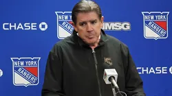Head coach Peter Laviolette of the New York Rangers speaks with the media prior to the game against the New York Rangers at Madison Square Garden on April 13, 2024 in New York City.