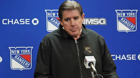 Head coach Peter Laviolette of the New York Rangers speaks with the media prior to the game against the New York Rangers at Madison Square Garden on April 13, 2024 in New York City.