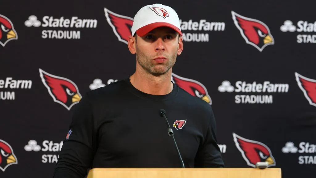Head coach Jonathan Gannon of the Arizona Cardinals talks after a preseason game against the Denver Broncos at Empower Field At Mile High on August 25, 2024. (Source: Justin Tafoya/Getty Images)