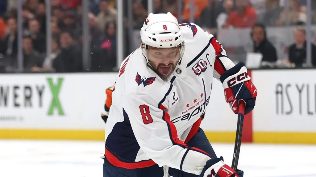 Alex Ovechkin #8 of the Washington Capitals shoots the puck during the third period of a game against the Anaheim Ducks at Honda Center on March 11, 2025 in Anaheim, California.