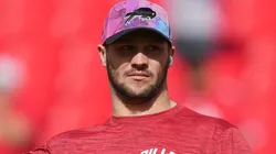 Josh Allen #17 of the Buffalo Bills warms up prior to the game against the Kansas City Chiefs at Arrowhead Stadium on October 16, 2022 in Kansas City, Missouri.