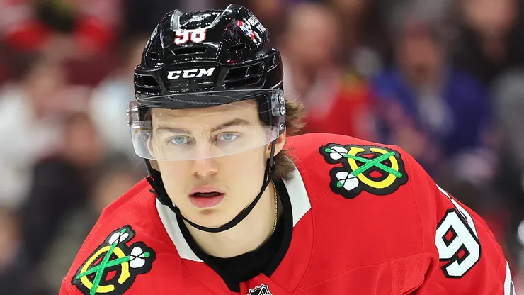 Connor Bedard #98 of the Chicago Blackhawks looks on against the New York Rangers during the first period at the United Center on January 05, 2025 in Chicago, Illinois.