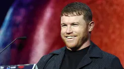 Canelo Alvarez of Mexico speaks during his press conference with William Scull of Cuba (not pictured) to promote their Super Middleweight World Championship fight at Radio City Music Hall on March 06, 2025 in New York City.