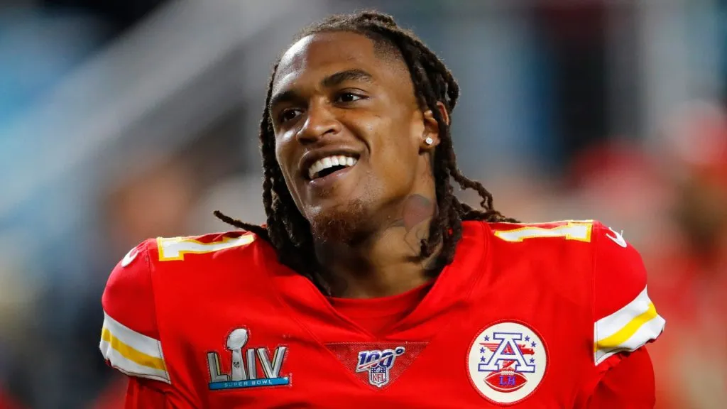 Demarcus Robinson #11 of the Kansas City Chiefs celebrates after defeating the San Francisco 49ers in Super Bowl LIV at Hard Rock Stadium on February 02, 2020 in Miami, Florida.