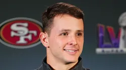 Brock Purdy #13 speaks to the media during San Francisco 49ers media availability ahead of Super Bowl LVIII at Hilton Lake Las Vegas Resort and Spa on February 07, 2024 in Henderson, Nevada.