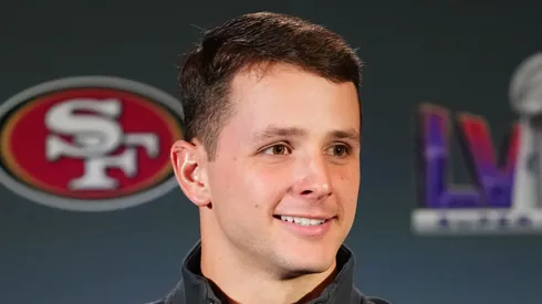 Brock Purdy #13 speaks to the media during San Francisco 49ers media availability ahead of Super Bowl LVIII at Hilton Lake Las Vegas Resort and Spa on February 07, 2024 in Henderson, Nevada.