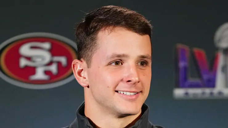 Brock Purdy #13 speaks to the media during San Francisco 49ers media availability ahead of Super Bowl LVIII at Hilton Lake Las Vegas Resort and Spa on February 07, 2024 in Henderson, Nevada.