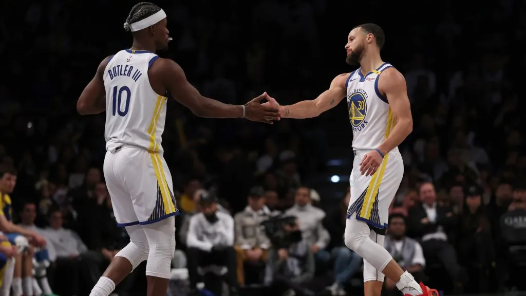 Jimmy Butler III #10 enters the game for Stephen Curry #30 in the second half of the game between Golden State Warriors and Brooklyn Nets. (Elsa/Getty Images)