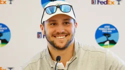 Buffalo Bills quarterback Josh Allen speaks to the media during a press conference prior to the AT&T Pebble Beach Pro-Am at Pebble Beach Golf Links on February 02, 2022 in Pebble Beach, California.