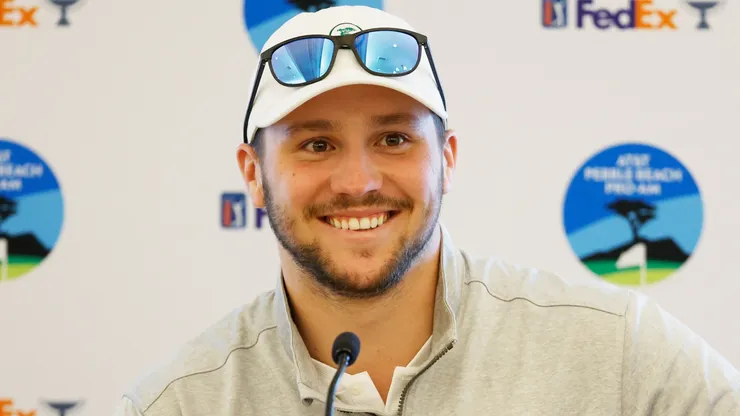 Buffalo Bills quarterback Josh Allen speaks to the media during a press conference prior to the AT&T Pebble Beach Pro-Am at Pebble Beach Golf Links on February 02, 2022 in Pebble Beach, California.
