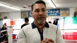 Promoter Oscar De La Hoya speaks during a media workout of boxer Jaime Munguia at Wild Card Boxing Club on April 23, 2024 in Los Angeles, California.