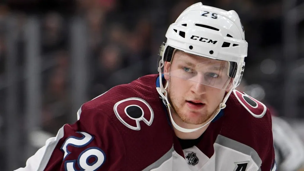 Nathan MacKinnon #29 of the Colorado Avalanche stands on the ice during a preseason game against the Vegas Golden Knights at T-Mobile Arena on September 28, 2017 in Las Vegas, Nevada. Colorado won 4-2.