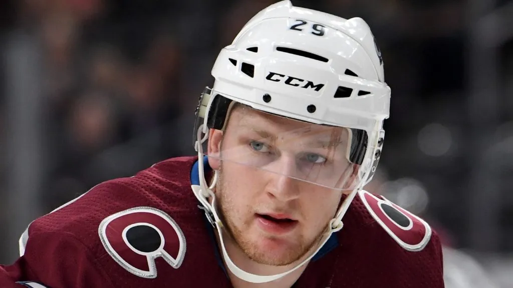 Nathan MacKinnon #29 of the Colorado Avalanche stands on the ice during a preseason game against the Vegas Golden Knights at T-Mobile Arena on September 28, 2017 in Las Vegas, Nevada. Colorado won 4-2.