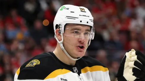 Nikita Zadorov #91 of the Boston Bruins skates against the Florida Panthers at Amerant Bank Arena on January 11, 2025 in Sunrise, Florida.