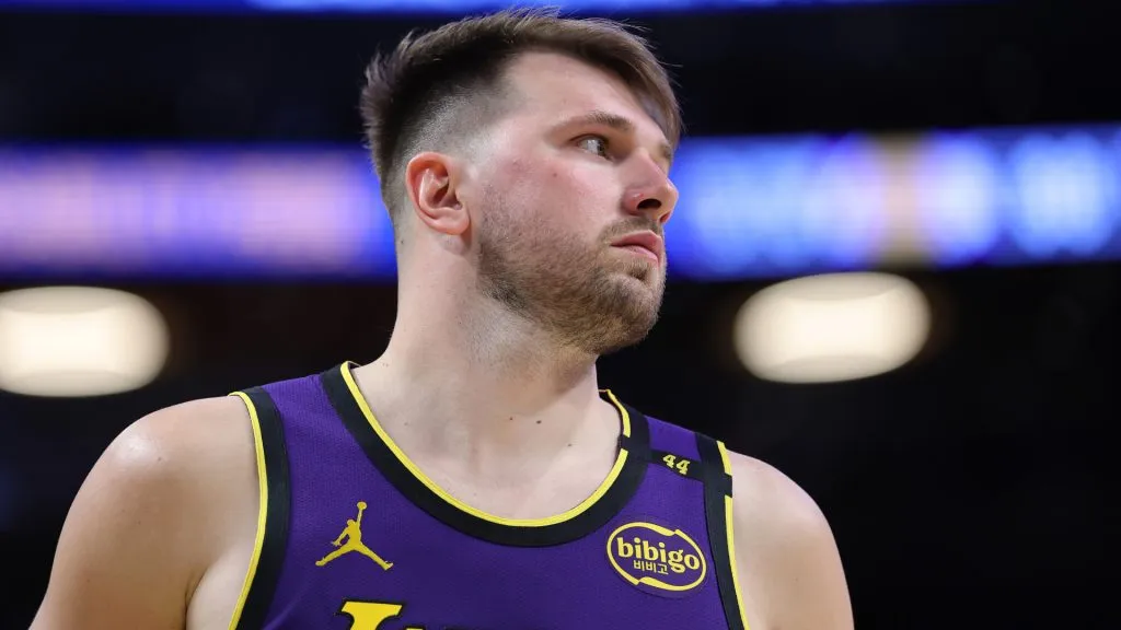 Luka Doncic #77 of the Los Angeles Lakers looks on during the first half of a game against the Dallas Mavericks.