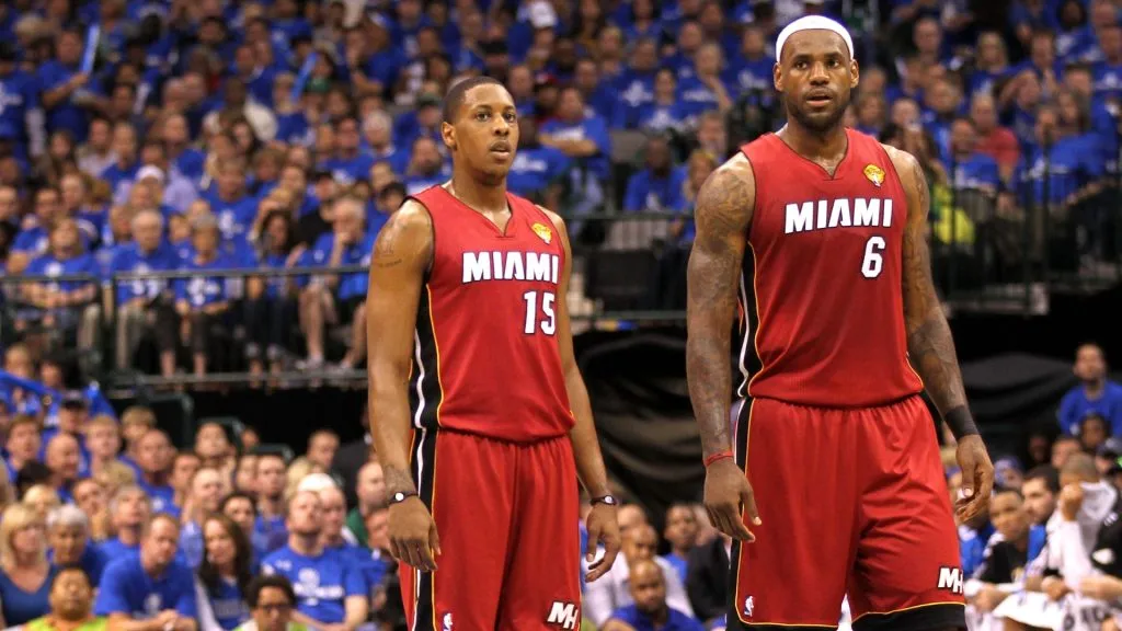 Mario Chalmers and LeBron James playing with the Miami Heat against the Dallas Mavericks in the 2011 NBA Finals.