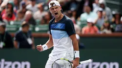 Holger Rune of Denmark celebrates match point against Stefanos Tsitsipas of Greece in their fourth round match during the BNP Paribas Open at Indian Wells.