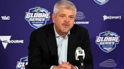 Head coach Todd McLellan speaks during a press conference following the NHL Global Series match between Arizona Coyotes and Los Angeles Kings at Rod Laver Arena on September 24, 2023 in Melbourne, Australia.