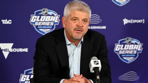 Head coach Todd McLellan speaks during a press conference following the NHL Global Series match between Arizona Coyotes and Los Angeles Kings at Rod Laver Arena on September 24, 2023 in Melbourne, Australia.