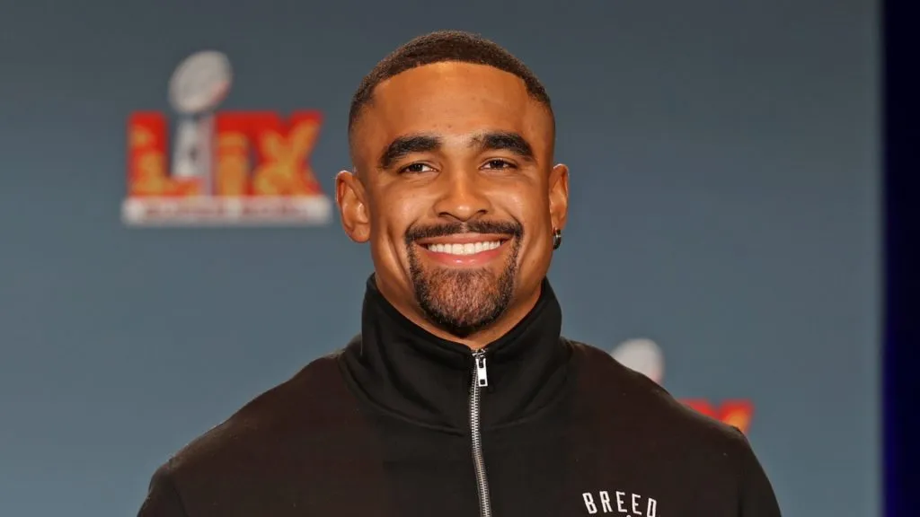 Jalen Hurts #1 of the Philadelphia Eagles, the MVP of Super Bowl LIX, holds the MVP Trophy during the Host Committee Handoff Press Conference at the Ernest N. Morial Convention Center on February 10, 2025 in New Orleans, Louisiana.