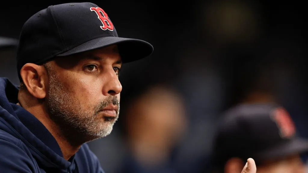 Alex Cora #13 of the Boston Red Sox looks on during the sixth inning against the Tampa Bay Rays at Tropicana Field on September 17, 2024 in St Petersburg, Florida. (Photo by Douglas P. DeFelice/Getty Images)