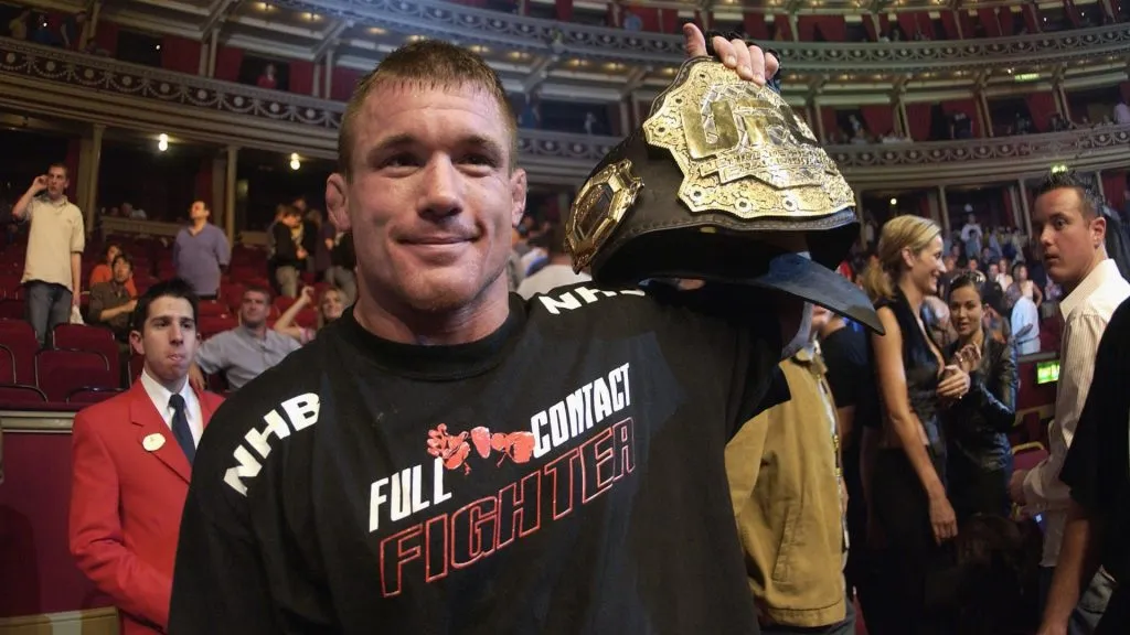 Matt Hughes of the USA and current Welterweight Champion celebrates his win over Carlos Newton of Canada during the Ultimate Fighting Championship in 2002. (Source: John Gichigi/Getty Images)
