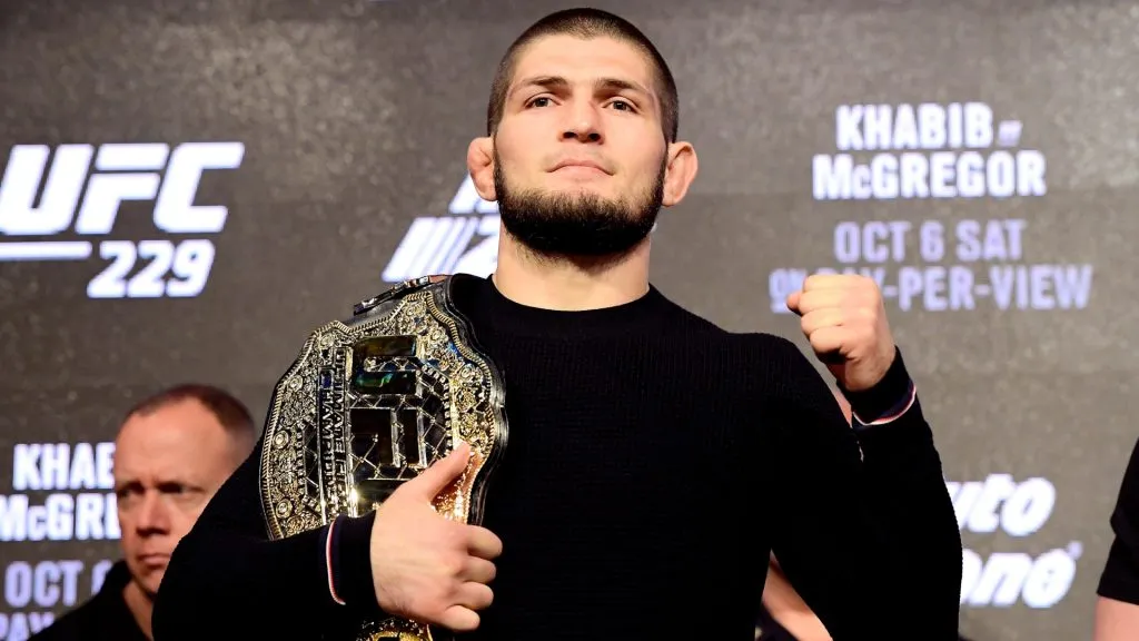 Lightweight Champion Khabib Nurmagomedov poses for photos during the UFC 229 Press Conference at Radio City Music Hall on September 20, 2018. (Source: Steven Ryan/Getty Images)