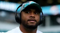 Tua Tagovailoa #1 of the Miami Dolphins takes the field prior to a game against the Las Vegas Raiders at Hard Rock Stadium on August 20, 2022 in Miami Gardens, Florida.