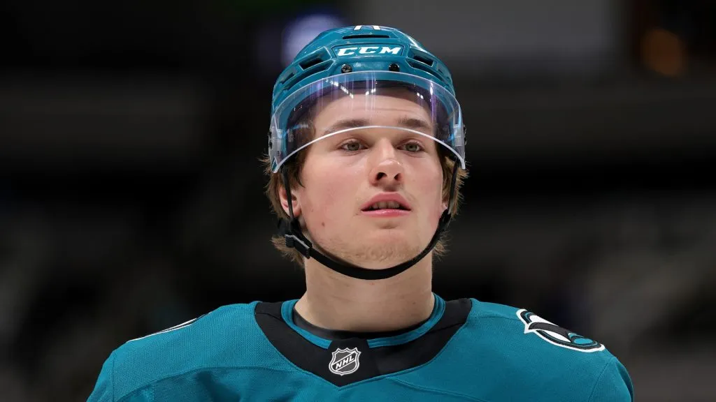 Macklin Celebrini #71 of the San Jose Sharks warms up before their game against the Nashville Predators at SAP Center on March 11, 2025 in San Jose, California.
