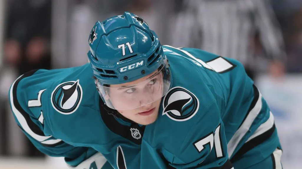 Macklin Celebrini #71 of the San Jose Sharks during the second period of the NHL game at SAP Center on December 27, 2024 in San Jose, California.