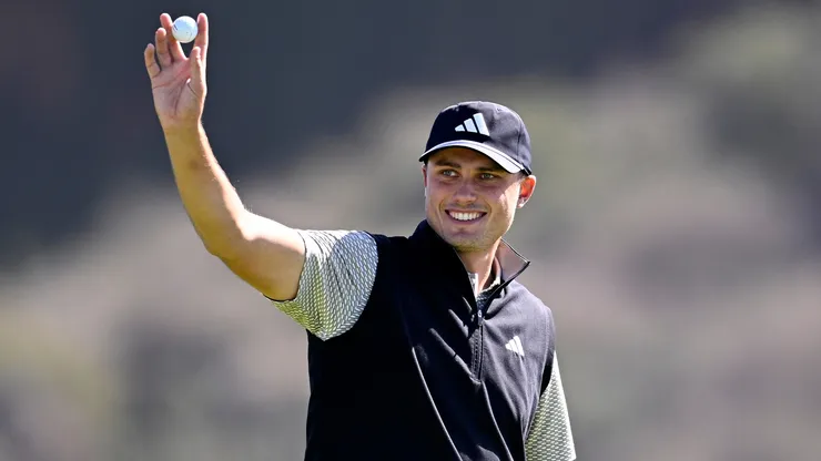 Ludvig Åberg of Sweden celebrates after making a hole-in-one on the third green during the third round of The Genesis Invitational 2025.