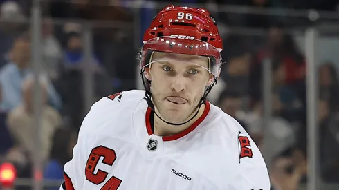 Mikko Rantanen #96 of the Carolina Hurricanes in action during the game against the New York Rangers at Madison Square Garden on January 28, 2025 in New York City. The Carolina Hurricanes won 4-0.