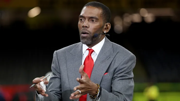Former Player Randy Moss speaks prior to the Super Bowl LIX between the Kansas City Chiefs and the Philadelphia Eagles at Caesars Superdome on February 09, 2025 in New Orleans, Louisiana.