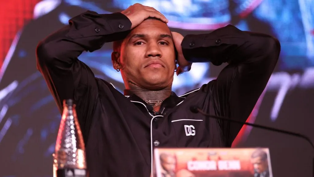 Conor Benn reacts during the press conference ahead of his fight against Chris Eubank Jr at Manchester Central on February 25, 2025 in Manchester, England. (Photo by Alex Livesey/Getty Images)