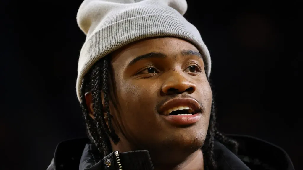 Michigan Wolverines quarterback Bryce Underwood during a basketball game between the Penn State Nittany Lions and Michigan Wolverines at Crisler Arena on January 27, 2025 in Ann Arbor, Michigan.