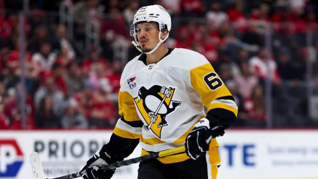 Rickard Rakell #67 of the Pittsburgh Penguins looks on while playing in the first period of a game against the Detroit Red Wings at Little Caesars Arena on October 10, 2024 in Detroit, Michigan.