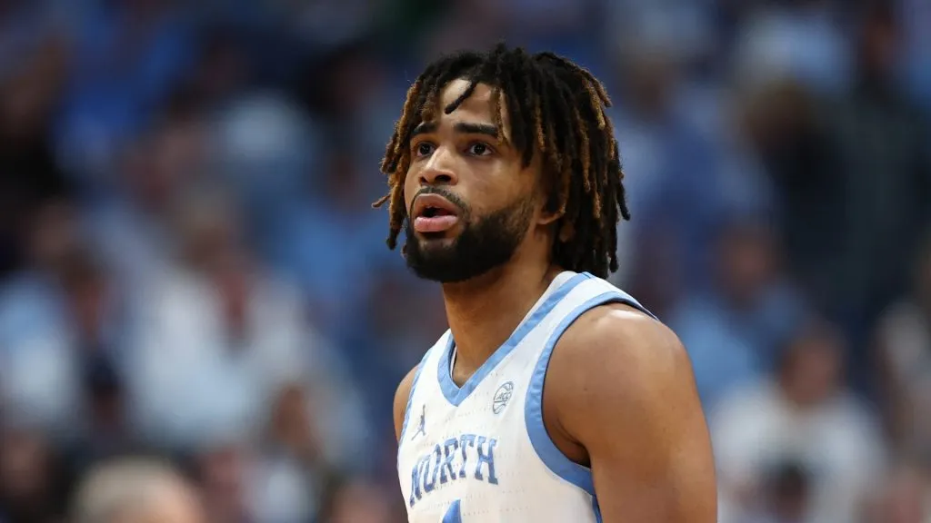 RJ Davis #4 of the North Carolina Tar Heels looks on during the first half of the game against the Duke Blue Devils at Dean E. Smith Center on March 08, 2025 in Chapel Hill, North Carolina.