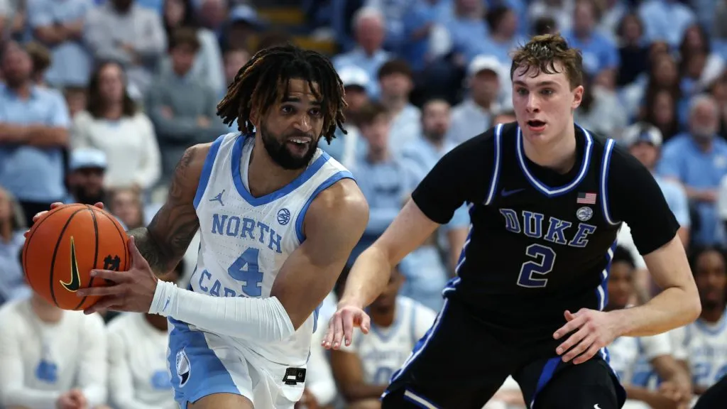 RJ Davis #4 of the North Carolina Tar Heels drives to the basket against Cooper Flagg #2 of the Duke Blue Devils during the second half of the game at Dean E. Smith Center on March 08, 2025 in Chapel Hill, North Carolina.