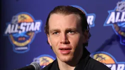 Patrick Kane #88 of the Chicago Blackhawks addresses the media during Media Day for the 2018 NHL All-Star at the Grand Hyatt Hotel on January 27, 2018 in Tampa, Florida.