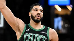 Jayson Tatum #0 of the Boston Celtics reacts after making a three-point basket against the Oklahoma City Thunder