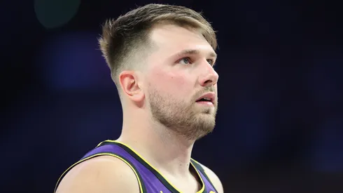 Luka Doncic #77 of the Los Angeles Lakers looks on during the first half of a game against the Dallas Mavericks at Crypto.com Arena.
