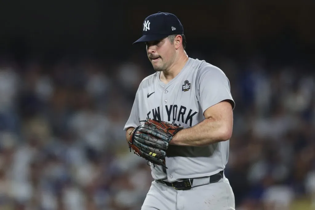Carlos Rodón #55 of the New York Yankees reacts as he leaves the game as they play the Los Angeles Dodgers 