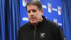 Head coach Peter Laviolette of the New York Rangers leaves the podium after speaking with the media prior to the game against the Montreal Canadiens at Madison Square Garden on November 30, 2024 in New York City.