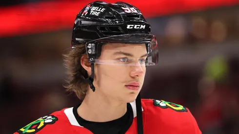 Connor Bedard #98 of the Chicago Blackhawks looks on prior to the game against the Los Angeles Kings at the United Center on March 03, 2025 in Chicago, Illinois.