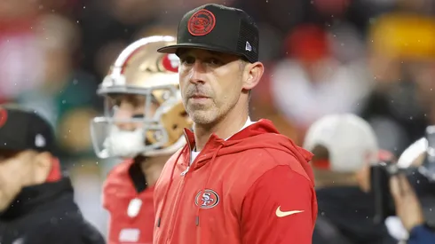 Head coach Kyle Shanahan of the San Francisco 49ers looks on before the NFC Divisional Playoffs against the Green Bay Packers at Levi's Stadium on January 20, 2024.