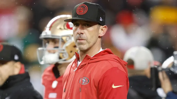 Head coach Kyle Shanahan of the San Francisco 49ers looks on before the NFC Divisional Playoffs against the Green Bay Packers at Levi's Stadium on January 20, 2024.