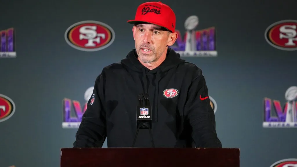 Head coach Kyle Shanahan speaks to media during San Francisco 49ers media availability ahead of Super Bowl LVIII in 2024. (Source: Chris Unger/Getty Images)