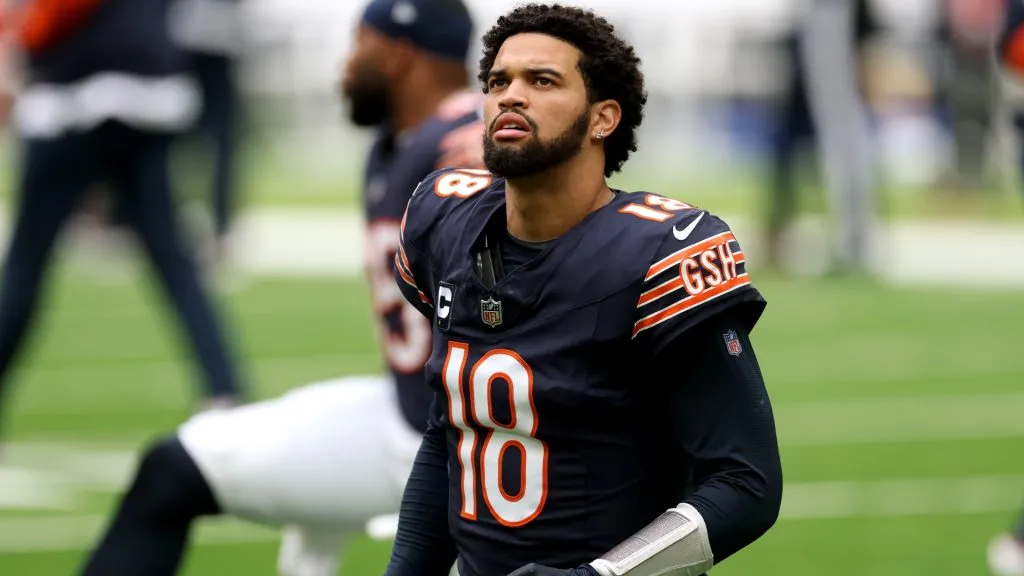 Caleb Williams of Chicago Bears looks on during the NFL match between Jacksonville Jaguars and Chicago Bears at Tottenham Hotspur Stadium on October 13, 2024. (Source: Richard Heathcote/Getty Images)