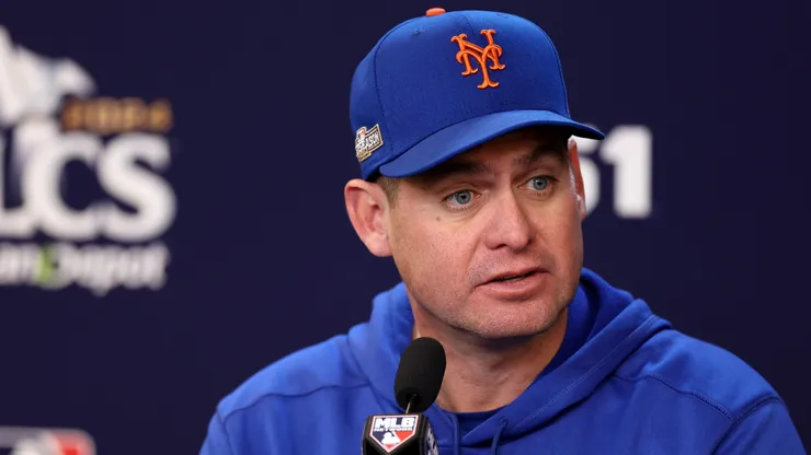 Manager Carlos Mendoza of the New York Mets speaks to the media during a press conference before Game Five of the Championship Series against the Los Angeles Dodgers at Citi Field on October 18, 2024 in the Queens borough of New York City.