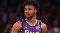 Bronny James #9 of the Los Angeles Lakers in action against the New York Knicks during their game at Madison Square Garden on February 01, 2025 in New York City.